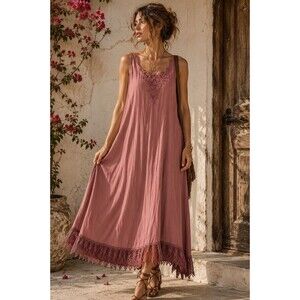 Zoe California Dusty Rose Lace Hem Sleeveless Midi Dress Boho Cottagecore USA